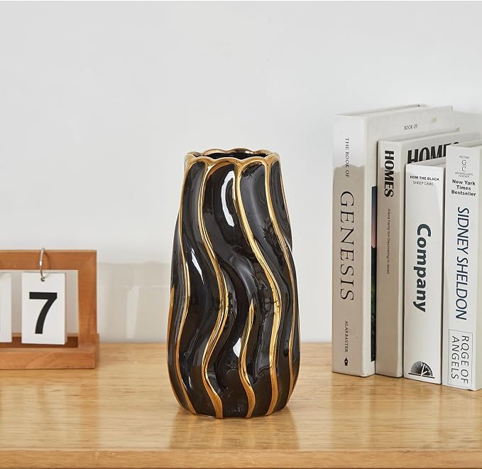 Black Ceramic Vase for Home Decor, Vertical Stripe Decorative Flower Vase for Bedroom, Office, Living Room, Bathroom, Tabletop Decor