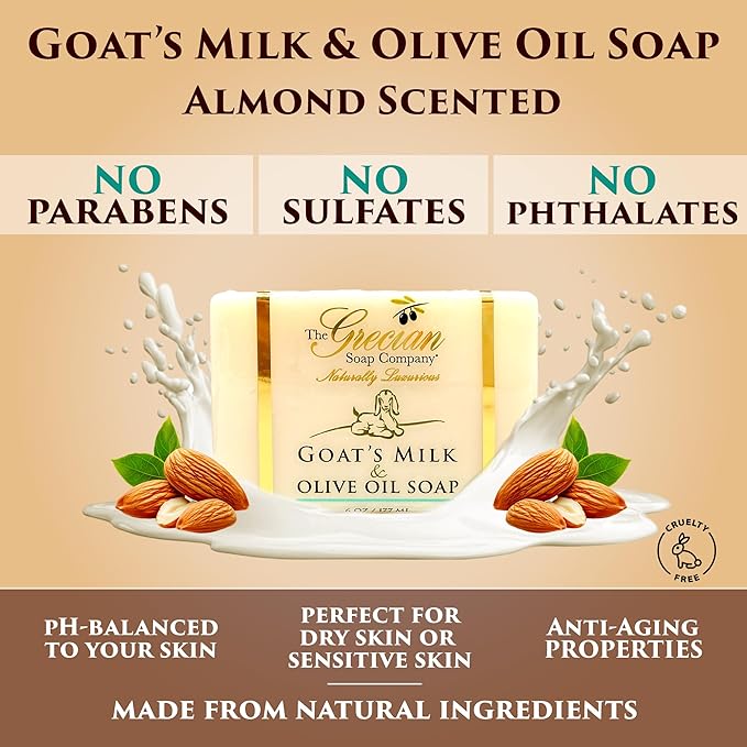 The Grecian Soap Company Goat Milk & Olive Oil Soap Bar 3-Pack – Almond Scent, Natural Bar Soap for Dry & Sensitive Skin, Moisturizing & Nourishing Body Soap Bars, Made in USA, Goat Milk Soap