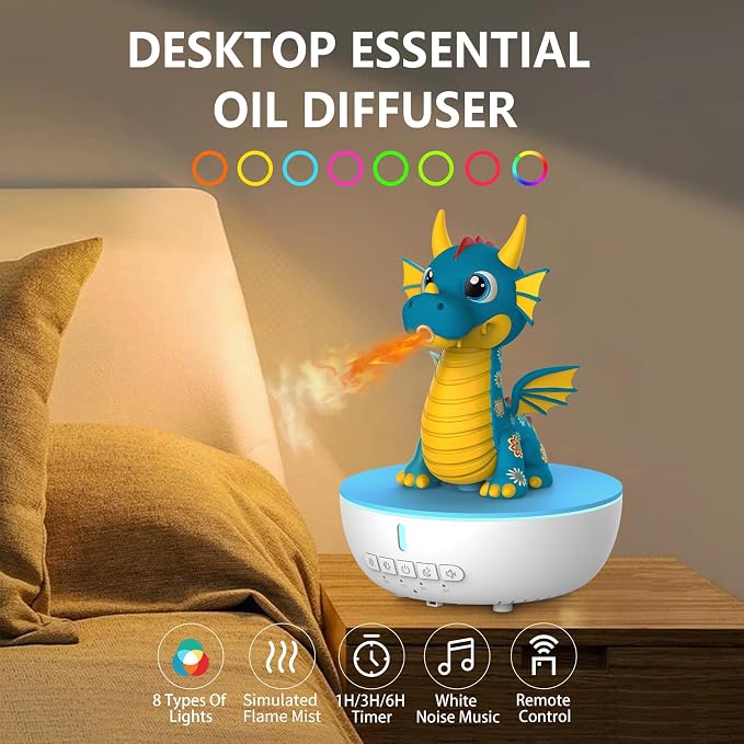 Dragon Aromatherapy Humidifier, 200ML Mini Desktop Essential Oil Diffuser, White Noise Machine with 10 Soothing Sounds, Cute Small Humidifiers for Kids Bedroom, Home, Office (Blue)