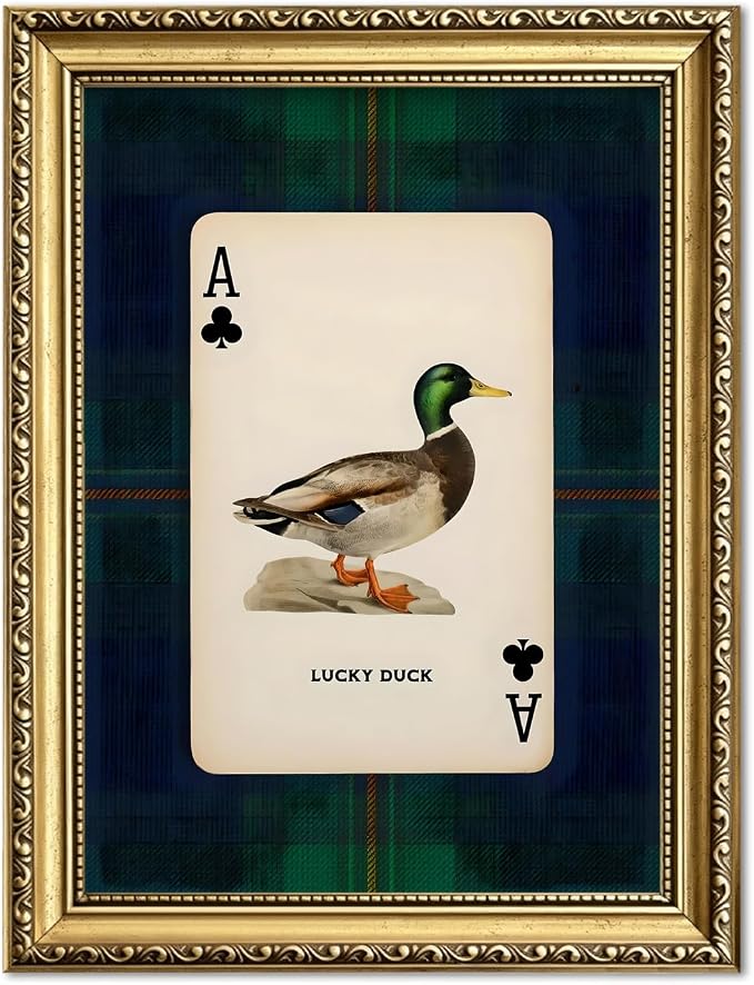 Gold Framed Vintage Mallard Duck Wall Art, Hunting Lucky Duck Wall Decor Picture Dark Wildlife Playing Card Canvas Print Painting for Farmhouse Bedroom Living Room 12x16 inch