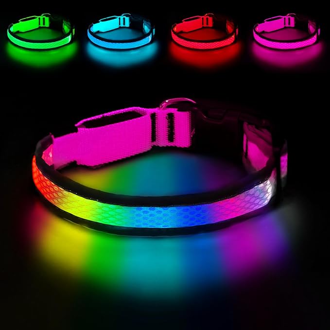 LED Dog Collar, Light Up Dog Collar,for Night Walking(Large,Pink) | Adjustable,Bright RGB 7 Colors Light Glowing Collar,Waterproof,Nylon,Soft,For Medium and Large Dogs,USB C to Charge
