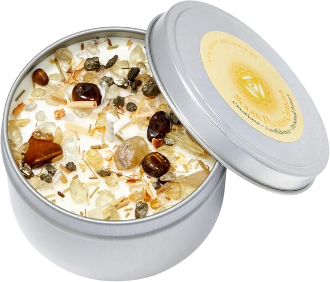 Solar Plexus Chakra Candle by New Moon Beginnings - Chakra Candles - Dried Flower, Herb, & Crystal Candles - Aromatherapy Candles - Soy Candle - 8oz Tin