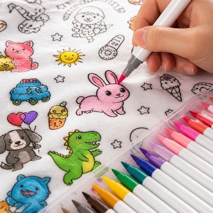 VEELU DIY Coloring Blankets with 24 Colors Markers for Adults | Custom Color In Your Own Blankets With 24 Colors Markers, Snuggle Color Sketch Washable Blankets Kit Home Decor