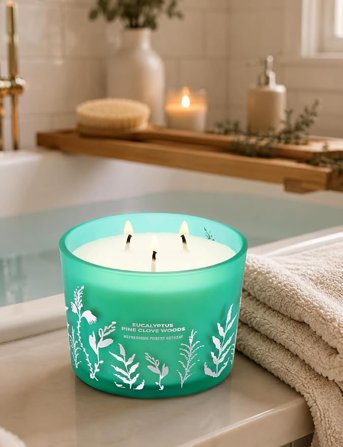 Eucalyptus Pine Clove Woods Scented Candle - Large 3-Wick Aromatherapy Soy Candle for Home, 14.5oz - Pine Balsam Forest Stress Relief Candle - Birthday Gift for Women & Men