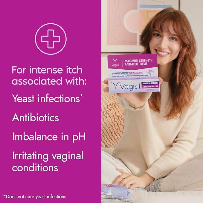 Vagisil Maximum Strength Feminine Anti-Itch Cream with Benzocaine for Women, Helps Relieve Yeast Infection Irritation, Gynecologist Tested, Fast-Acting, Soothes and Cools Skin, 1 oz