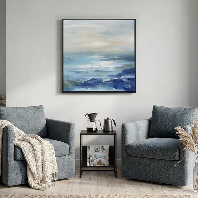 Framed Blue Abstract Wall Art Decor, Square Coastal Modern Canvas Artwork for Walls, Peaceful Abstract Seascape Ocean Painting, Wall Decor Print for Hallway Bedroom Bathroom Home Office, 24x24 Inch