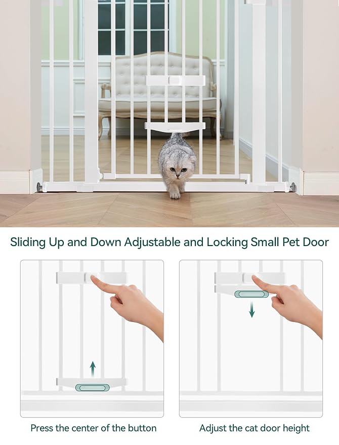Babelio Baby Gate with Cat Door, CatPrivilege II, 29-40" | Auto Close, 6-Level Adjustable Metal Gate with Pet Door for Stairs & Doorways, Pressure Mounted, No Drilling, White