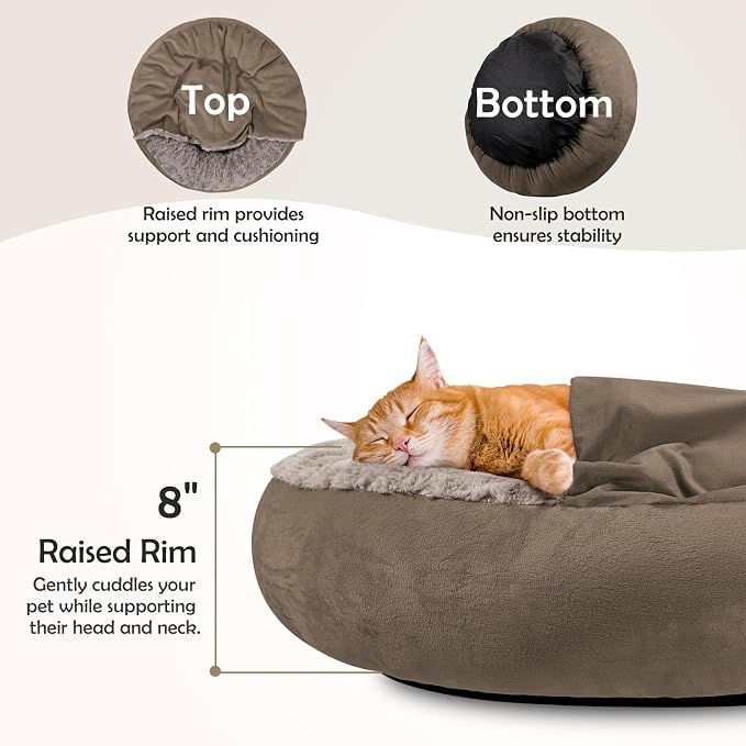 JOEJOY Small Dog Bed Cat Bed with Hooded Blanket, Cozy Cuddler Luxury Puppy Pet Bed, Donut Round Calming Anti-Anxiety Dog Burrow Cave Bed - Anti-Slip Bottom and Machine Washable 26 inch