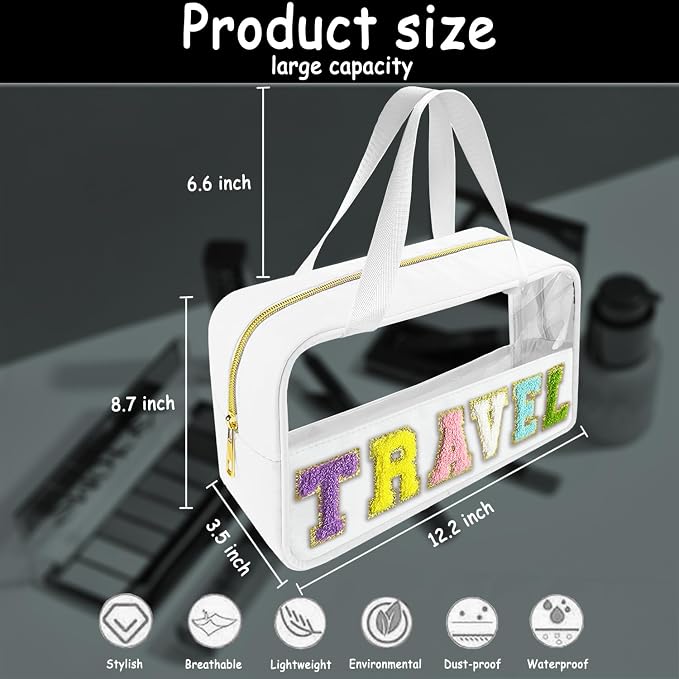 Bunliuys Chenille Letter Clear Makeup Bag Travel Patch, Travel Toiletry Makeup Bag with Handle, Nylon Waterproof Makeup Bags clear cosmetic bag, preppy patch makeup bag for Women (TRAVEL-White)