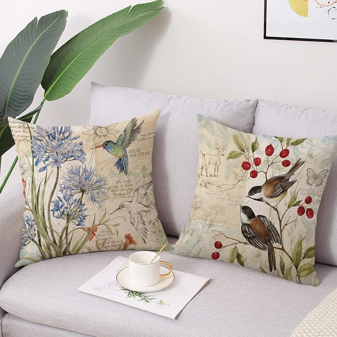 wyooxoo Farmhouse Pillow Covers 16x16 Set of 4 Spring Summer Throw Pillow Covers Linen Flower Butterfly Bird Decorative Pillowcases for Sofa Couch Living Room Outdoor