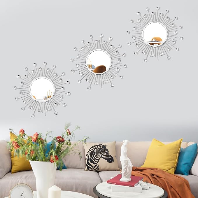 3 Pack Metal Mirrors for Wall Sunburst Wall Mirrors Home Décor Decorative Hanging Wall Art for Living Room Bedroom Entryway (Silver Crystal, Sunburst)