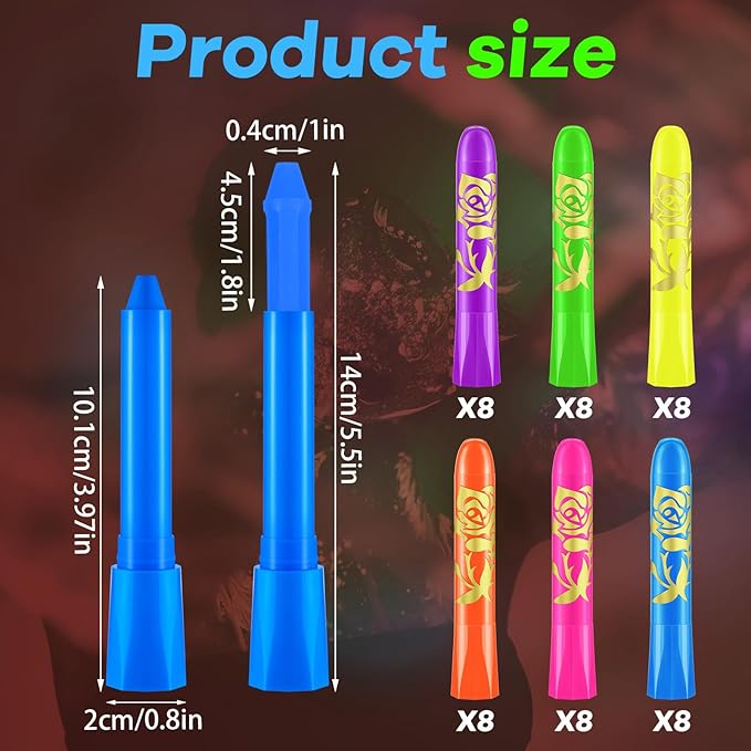 Tenceur 48 Pcs Glow in the Dark Body Paint Under UV and Black Light Face Paint Crayons Neon Face Painting Kit for Kids Party Fluorescent Glow Sticks Makeup for Adult Halloween Party Supplies, 6 Colors
