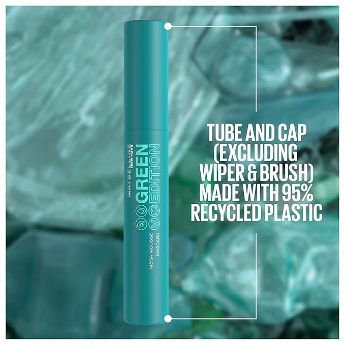 Maybelline Green Edition Mega Mousse Mascara Makeup, Smooth Buildable and Lightweight Volume, Formulated with Shea Butter, Very Black, 1 Count