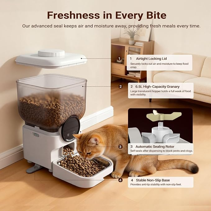 Smart Automatic Cat Feeder 27 Cups App Controlled Dispenser for Busy Owner | anti clog dual power battery backup programmable portion control slow feeder vacation travel automatic cat dog feeder