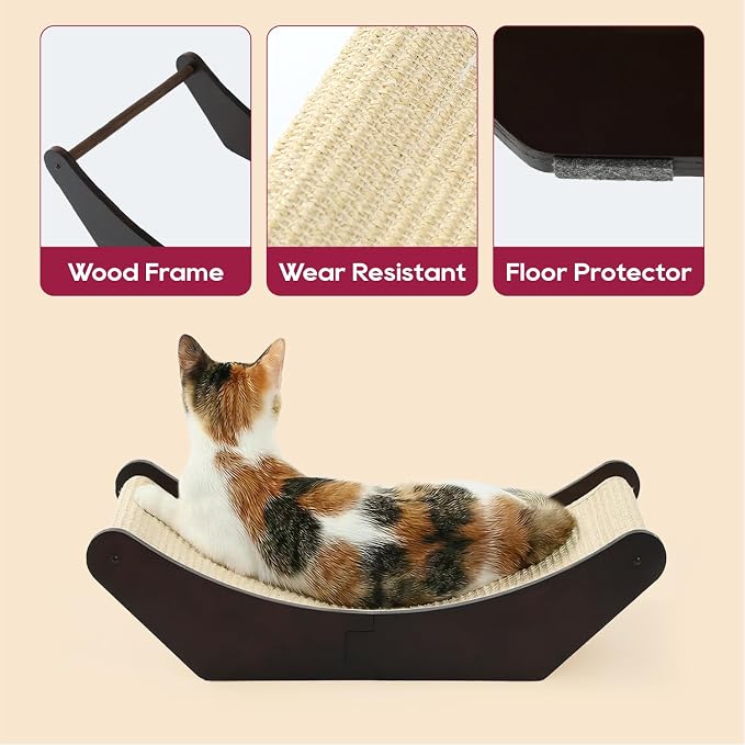 Zakkart Cat Sisal Scratching Bed Hammock, 2-in-1 Cat Scratcher & Lounging Bed, 100% Natural Sisal Mat, Solid Wood Frame, Cat Furniture Protector (Large, Dark Stained)