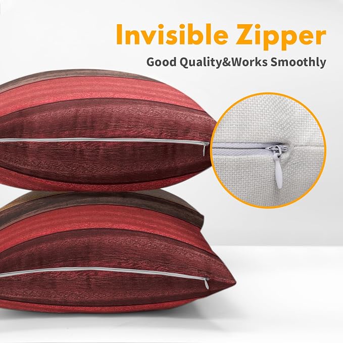 Kawani Red Wooden Throw Pillow Covers 16x16 Inches - 2 PCS Brown Farmhouse Wood Grain Cotton Linen Square Pillow Cushion Case with Hidden Zipper for Bed Couch Bedroom Living Room Decor