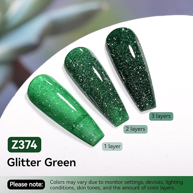 Nail Polish Glitter Green Regular Nail Polish Non-gel, Quick Air Dry, Vegan, Rich in Castor Oil, Streak-free Salon Quality Sparkle Nail Art DIY Home Travel Manicure Gift for Women Girls