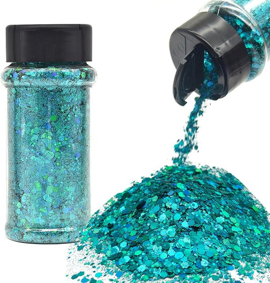 Teal - Green/Blue - Craft Glitter - 2oz Glitter Shaker Bright Colorful Holographic Mix Chunky Body Glitter Bulk Wholesale 24 Colors in Shaker Cosmetic Glitter - EBLB701