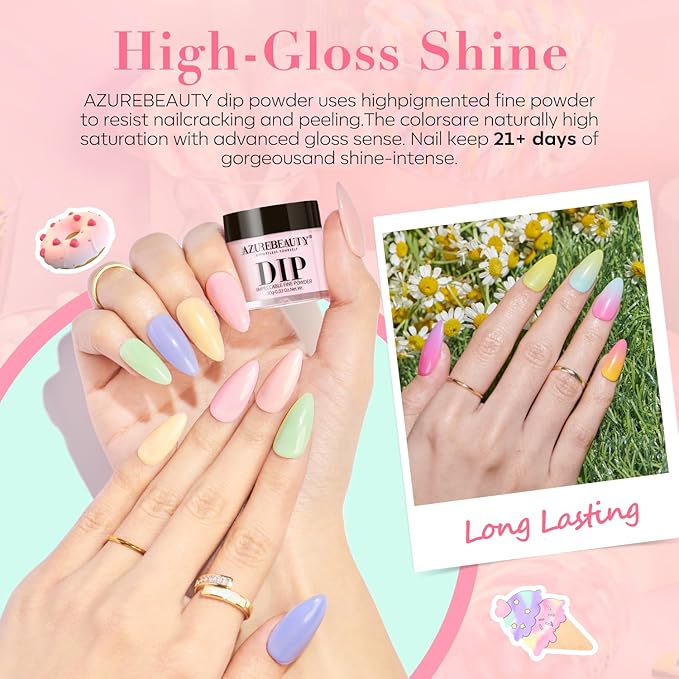 AZUREBEAUTY 30Pcs Dip Powder Nail Kit Starter, Pink Pastel Blue Green Glitter 8 Colors Summer Macarons Dipping Powder Liquid Set with Base/ Matte Top Coat/ Activator/Nail Sticks Easter Gift