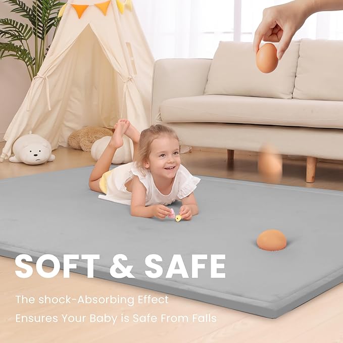 Huloo Sleep Baby Play Mat for Floor,1.3" Thick Elasti-Foam 50x50 Playpen Mat for Toddlers Infant Kids,Water-Repellent Soft Coral Velvet Tummy Time Mat,Non Slip Crawling Mat,Tatami Mat(Light Grey)