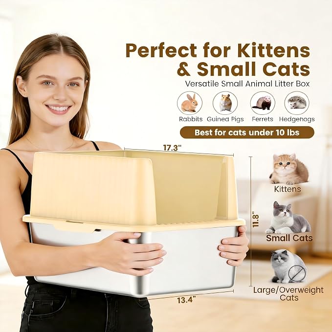 Stainless Steel Small Cat Litter Box, 11.8" High Sides, Low Entry | Non-Stick Surface for Easy Scooping, Odor-Resistant Stainless Steel, Anti-Leak Design, Compact Size for Small Spaces