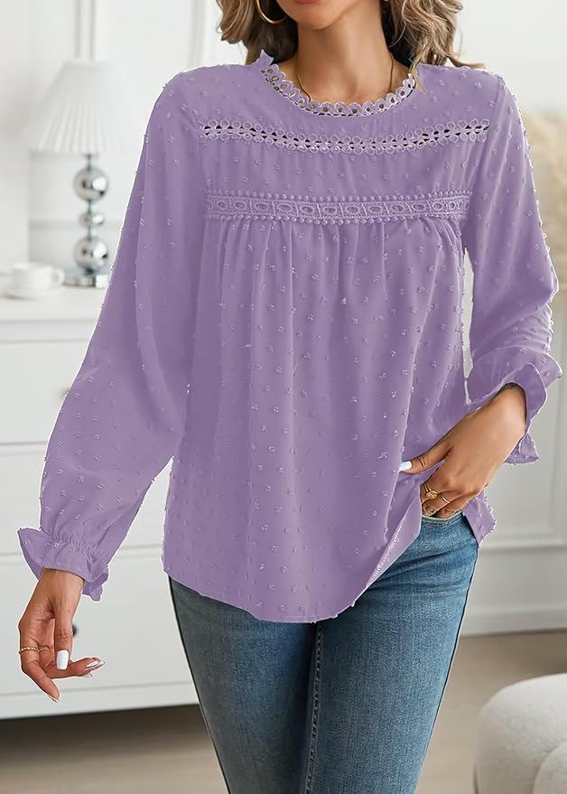 Womens Boho Tops Long Sleeve Shirts For Women Cute Crewneck Blouse Dressy Casual Swiss Dot Crochet Hollow Top 2026