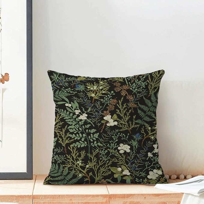 Spring Pillow Covers 18x18 Inch Set of 2,Black Sage Green Wild Flower Plant Throw Pillows Case,Seasonal Vintage Floral Outdoor Decorative Linen Farmhouse Decor Cushion Covers for Sofa Bed Couch