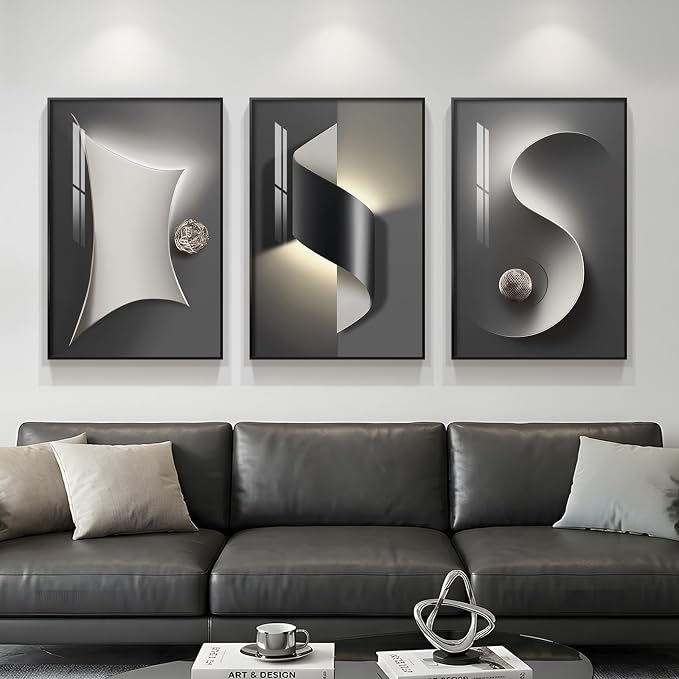 3 Piece Framed Black and White Abstract Wall Art for Living Room, Large Modern Minimalist Geometric Picture Prints Paintings, Bright Style Luxury Artwork for Bedroom Dining Room Wall Decor 20x30 Inch