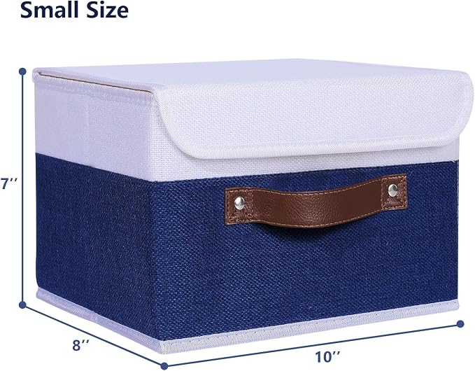 ANMINY Fabric Storage Box Bins with Lids, Blue White, 10"x8"x7", 4 Pack | Keepsake Memory Storage, Cotton Linen, PP Board Reinforced, Washable, PU Handles, Foldable & Stackable, Decorative, Small