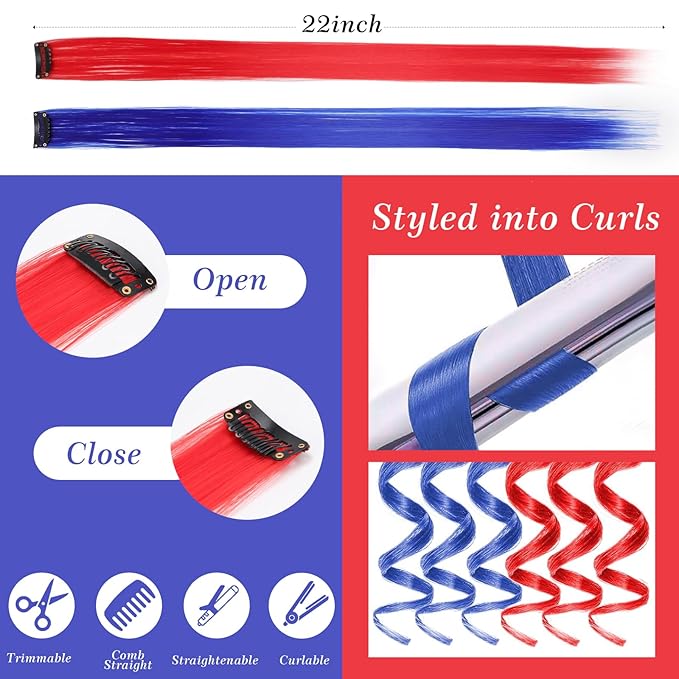 Halloween Makeup Kit for Harley Quinn Cosplay, Red and Blue Clip in Hair Extensions & Face Body Paint Stick, Black Eyeliner Stamp, Costume Accessories for Harley Quinn SFX Looks