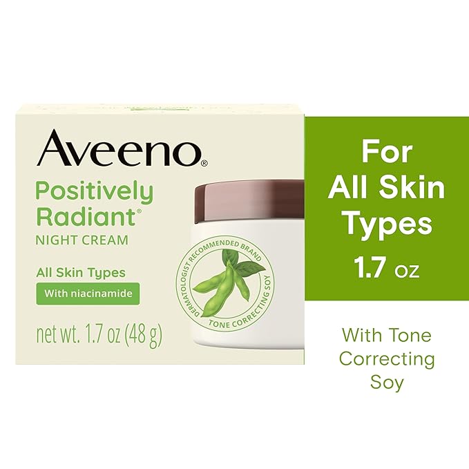 Aveeno Positively Radiant Face & Neck Night Cream with Tone Correcting Soy & Niacinamide, Night Cream Targets Dull Skin & Evens Skin Tone & Texture, Hypoallergenic, 1.7 oz