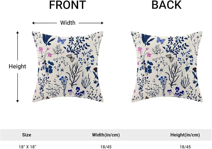 AEIOAE Summer Pillow Covers 18x18 Inch Set of 2,Navy Blue Wild Flower Plant Throw Pillows Case,Seasonal Floral Outdoor Decorative Square Linen Farmhouse Decor Cushion Covers for Home Sofa Bed Couch