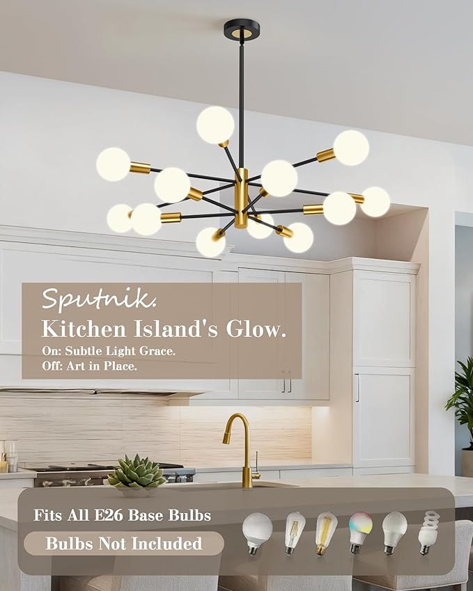 Modern Chandelier, 12-Light Sputnik Ceiling Light Fixture, Mid Century Height Adjustable Sputnik Chandeliers for Dining Room, Kitchen Island, Living Room, Bedroom - Black and Gold