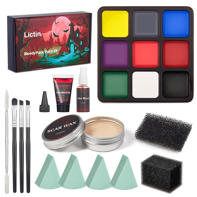 Lictin Special Effects SFX Zombie Makeup Kit, 9 Colors Bruise Face Body Painting Palette with Scar Wax, Fake Blood Spray & Gel, Vampire Skeleton Clown Makeup Body Paint (14PCS)