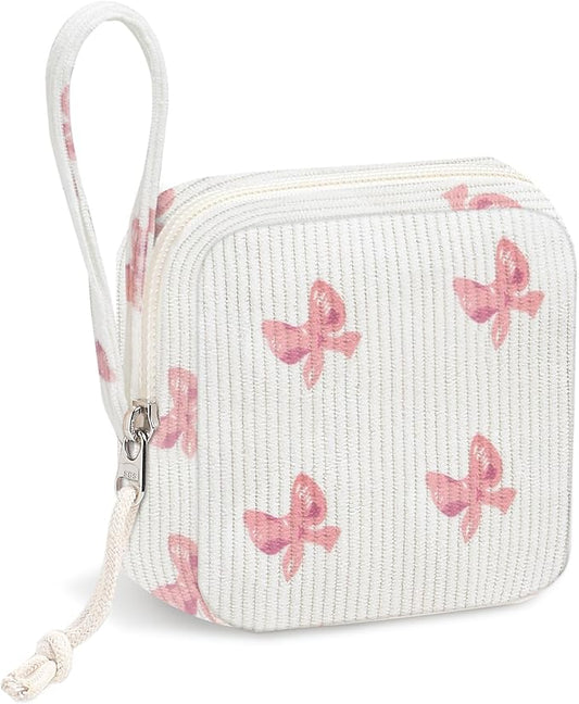 Small Makeup Bag | Discreet Period Bag Pad Pouch for Purse| Sanitary Napkin Storage & Tampon Holder for Travel(Bow pink)