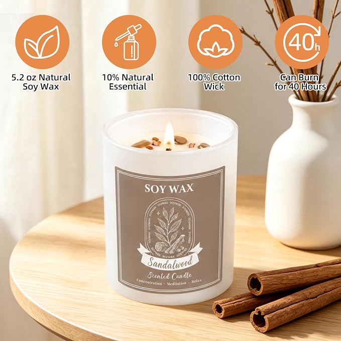 Scented Candle, Candles for Home Scented, 5.2 oz Soy Candles for Aromatherapy, Natural Hand-Poured, Relaxing Sandalwood Scent, Gift for Women Mom (Sandalwood)