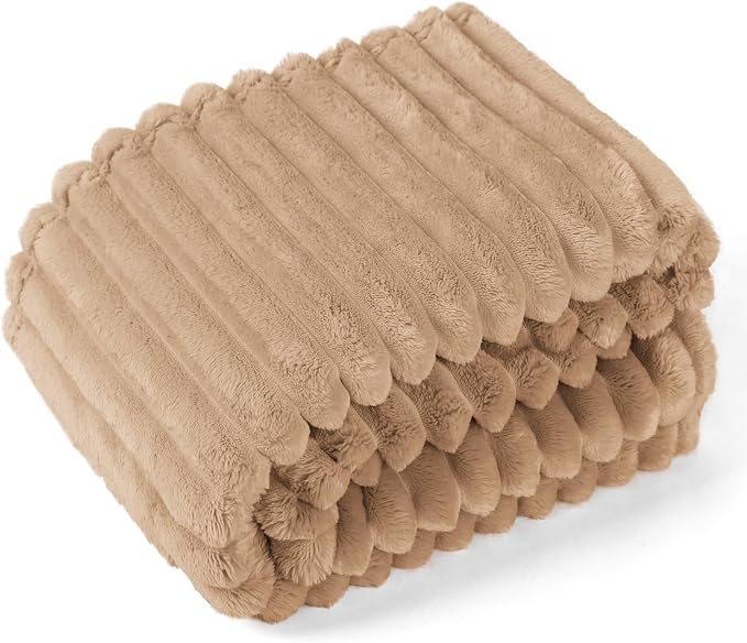EXQ Home Fleece Throw Blanket for Couch or Bed - 3D Stripe Jacquard Decorative Blankets - Cozy Soft Lightweight Fuzzy Flannel Blanket Suitable for All Seasons(50"×60",Camel)