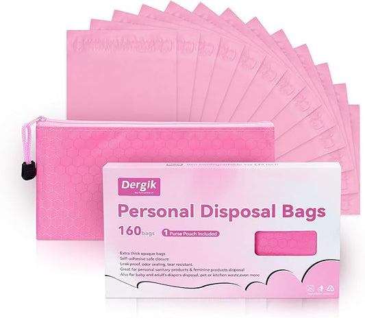 Sanitary Napkin Individual Disposal Bags, 160 Pcs Opaque Personal Care Disposable Bag, Secure Closure, Odor Control, for PadsTampons Women Period Small Trash Bag,With Pouch, Pink, Packaging May Vary