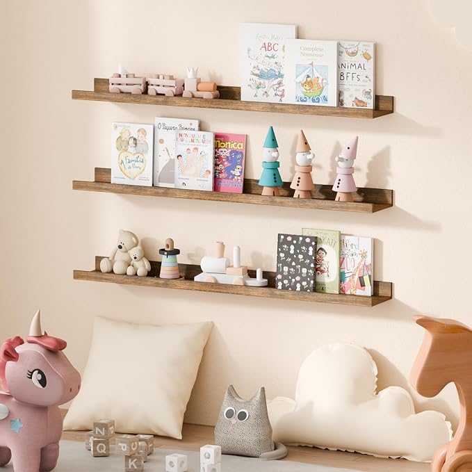 upsimples Floating Shelves for Wall Decor and Storage, Brown, 6Pcs 35.5'' | Wall Mounted Wood Shelves for Living Room, Bedroom, Kitchen, Office, Nursery Room, Coffee Bar Display and Organize