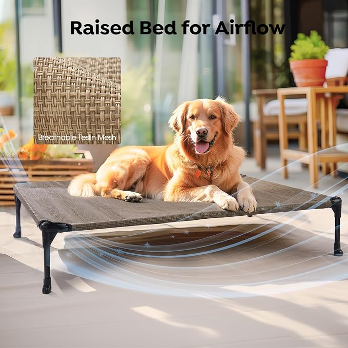 Veehoo 2 Pack Outdoor Elevated Dog Bed for Large Dogs, Cooling Raised Cots | Off-ground training platform, portable camping hammock, breathable mesh, easy to clean, 42"x30", Beige Coffee