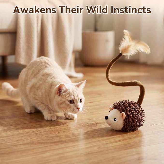 Migipaws Interactive Hedgehog Cat Toy 360° Rolling & Spin with Soft Plush Tail for Indoor Cats Smart Motion Sensor, Realistic Squeak, Rechargeable Plush Kitten Toy (Brown)