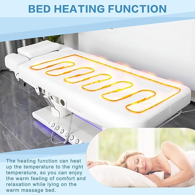 Electric Facial Bed - Message Table Includes White Modern Design with Mood Light,Spa Beauty Bed with Multi-Angle Adjustment & One-Button Heating,Towel Rack for Tattoo Shop