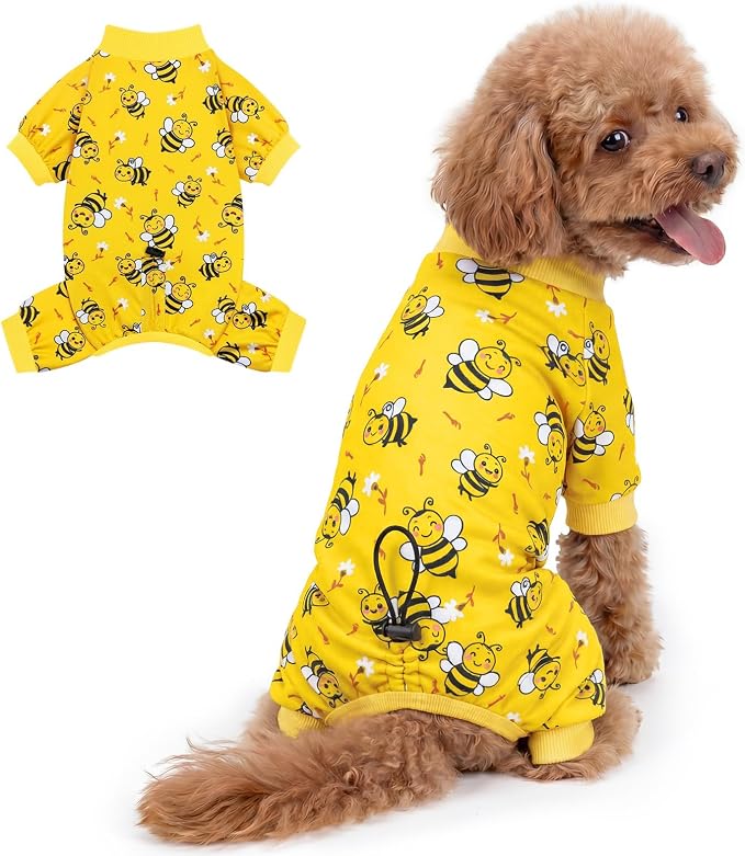 XPUDAC Dog Pajamas for Small Medium Dogs, Cute Puppy Clothes with Bee Print, Soft Breathable Dog Pjs Onesie with Adjustable Drawstring for Summer Holiday, M