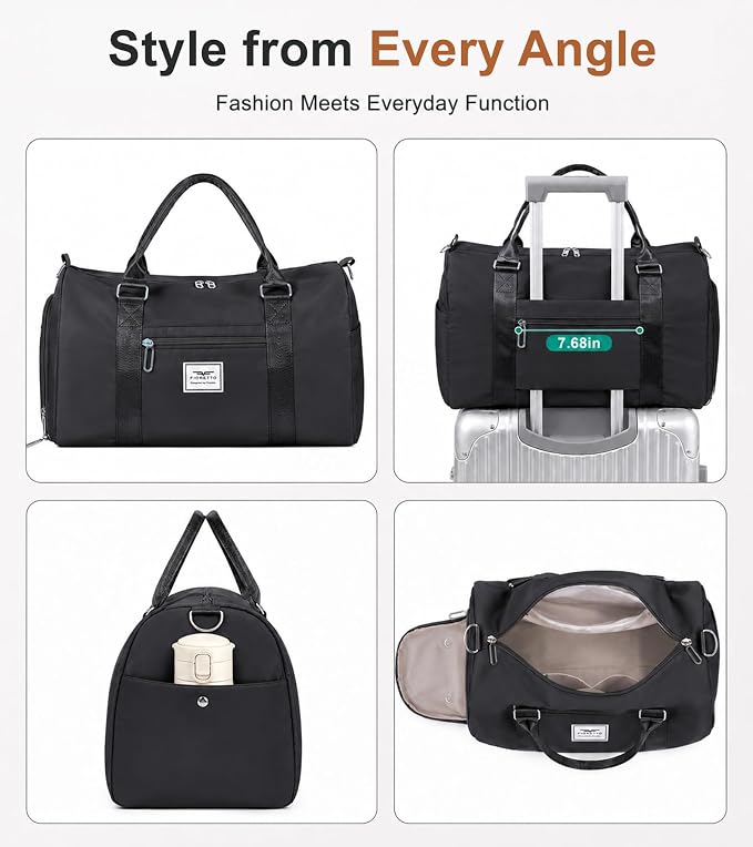 FIORETTO Womens Gym Tote Duffle Bag with Wet Pocket & Shoe Compartment, Sports Duffel Overnight Weekender Hospital Workout Carry on Bag for Girls, Ideal for Travel, Swimming, Dance, Ballet Black