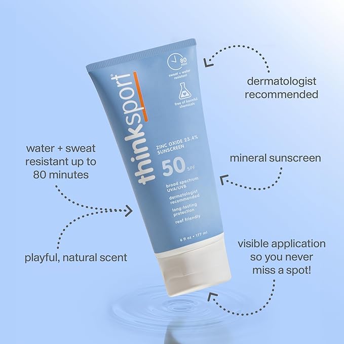 Thinksport SPF 50+ Mineral Sunscreen – Safe, Natural Sunblock for Sports & Active Use - Water Resistant Sun Cream –UVA/UVB Sun Protection – Vegan, Reef Friendly Sun Lotion, 6oz