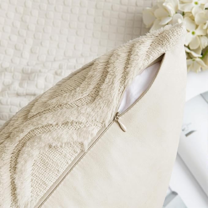 MIULEE Beige Throw Pillow Covers 18x18 Inch, Neutral Soft Plush Faux Wool Solid Couch Pillows Set of 2, Decorative Farmhouse Boho Cushion Covers for Sofa Living Room Bed Home Decor | Set of 2, Fall Farmhouse Boho Home Decor, Decorative Cushion Covers f...