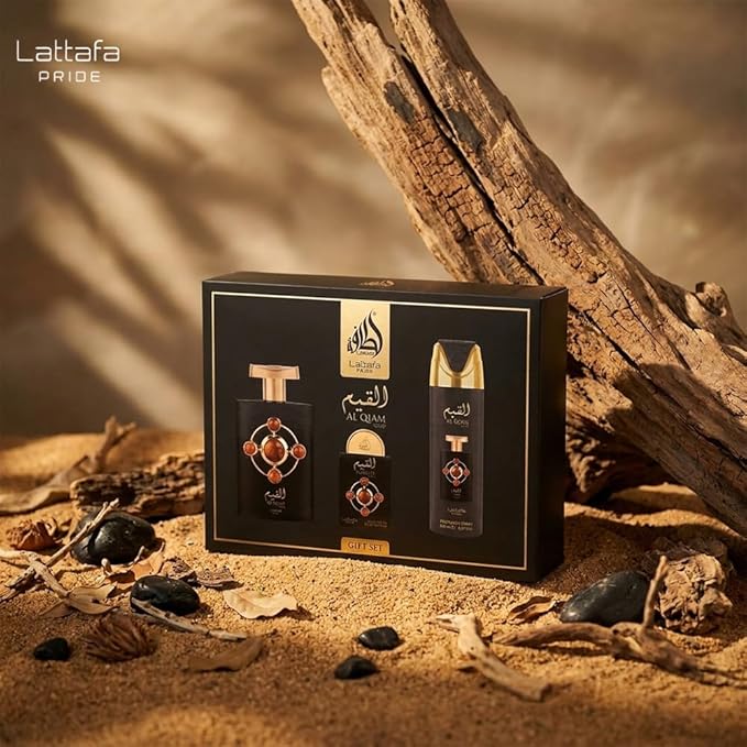 Lattafa Pride - Al Qiam Gold for Men - 3 Pc Gift Set 3.4oz EDP Spray, 6.67oz Perfumed Body Spray, 0.67oz EDP Spray