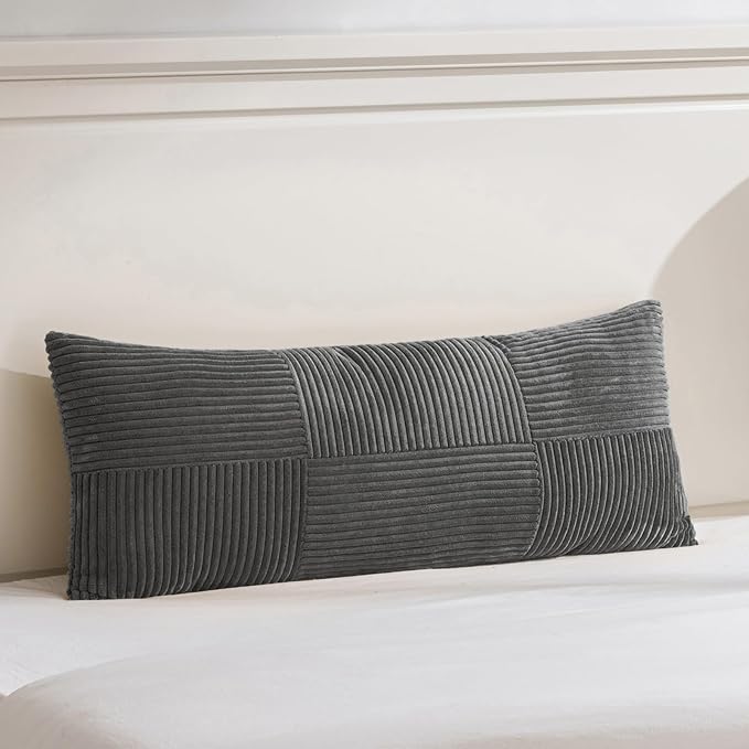 Fancy Homi Set of 1 Dark Gray Boho Long Lumbar Body Decorative Throw Pillow Cover 21x54 Inch for Bed Couch Bedroom Bench, Soft Patchwork Corduroy Textured Pillow Case, Rustic Farmhouse Room Decor