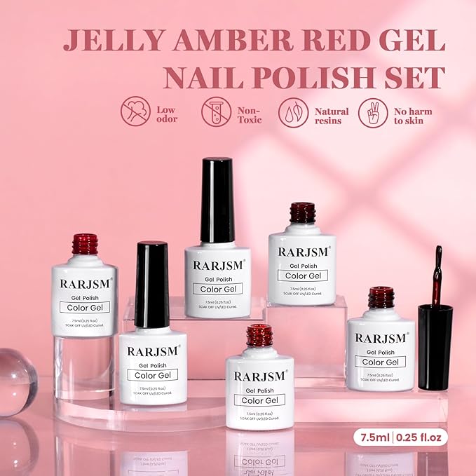 RARJSM Jelly Stained Glass Gel Nail Polish Set 6pcs Clear Glazed Amber Burgundy Cherry Wine Red Glitter Series Crystal Transparent Sheer Gel Varnish Curing Requires Soak off Christmas Manicure