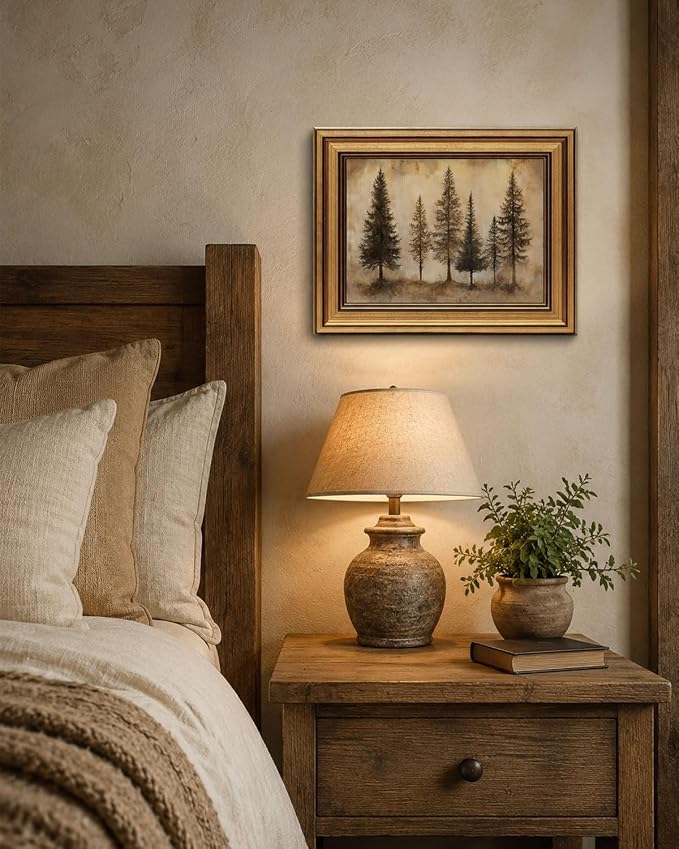 Gold Framed Wall Art, Vintage Pine Trees Canvas Prints, Rustic Nature Woodland Landscape Picture Wall Decor, Country Farmhouse Cabin Artwork for Living Room Bedroom 12x16 inch